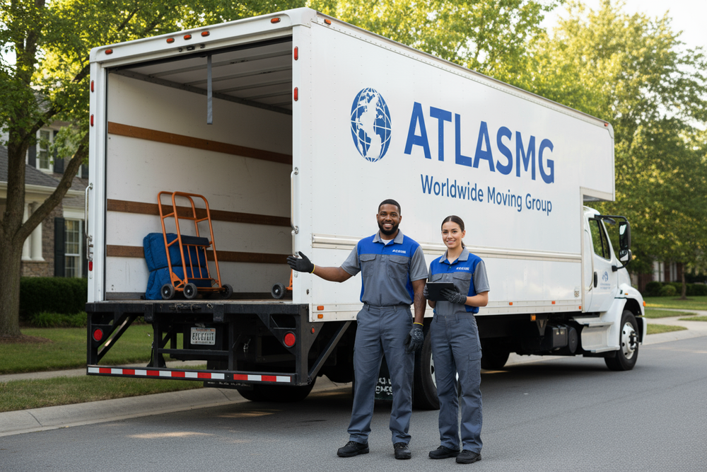 TWO GUYS in front of a truck for a moving company called atlasmg make sure the company name is added to the truck 